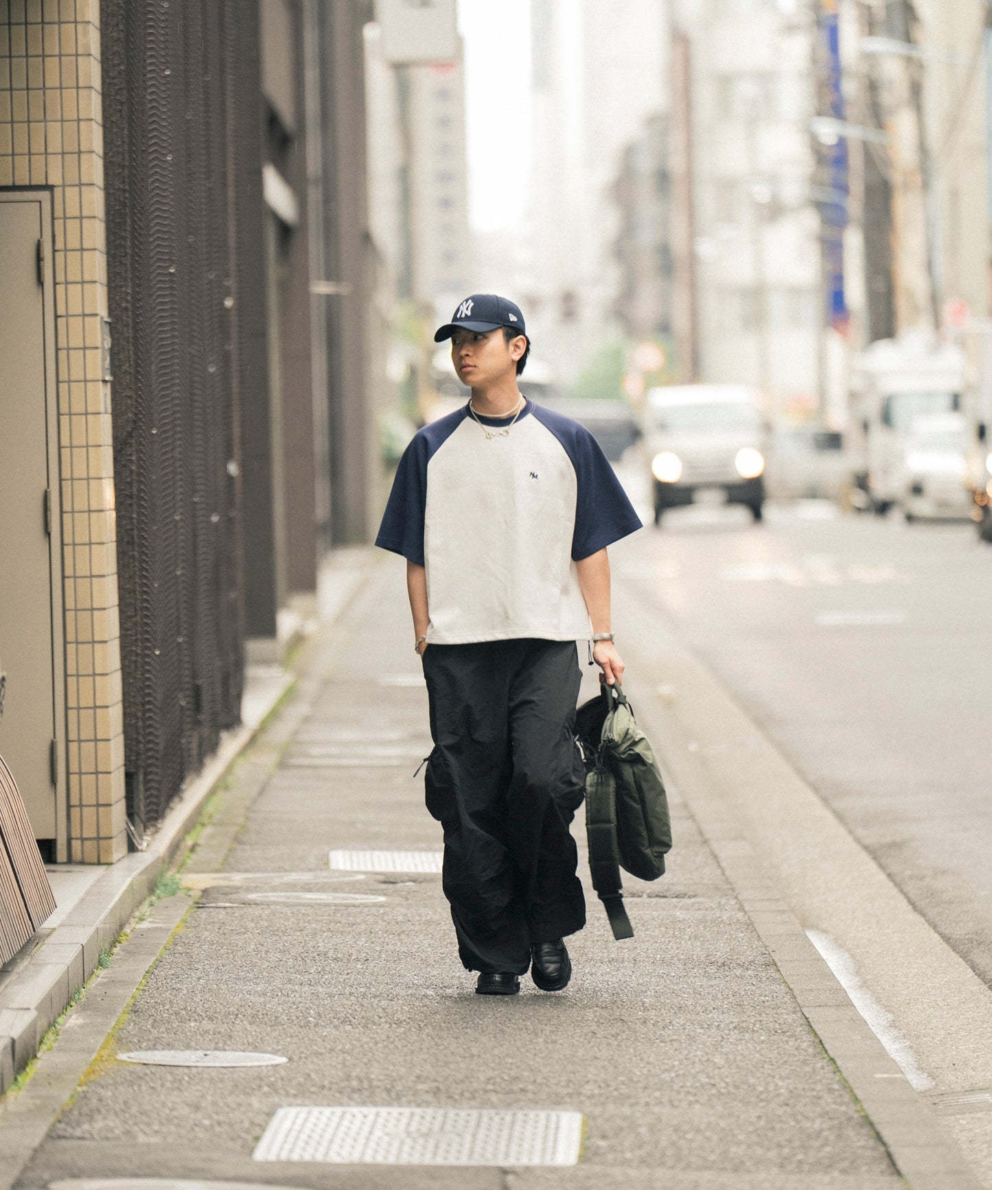 【ホワイト*ネイビー】 WIDE RAGLAN DRAWSTRING T-SHIRT / ワイドラグランドロストTシャツ
