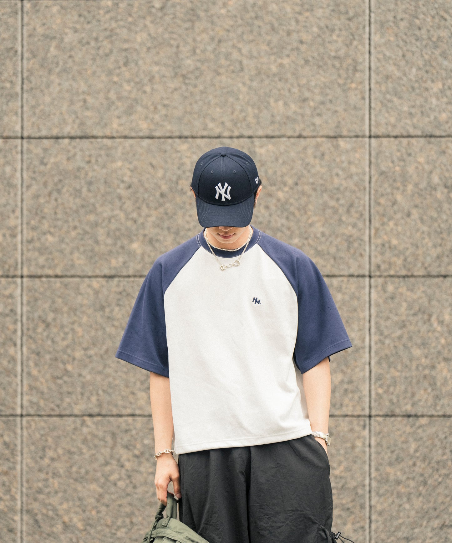 【ホワイト*ネイビー】 WIDE RAGLAN DRAWSTRING T-SHIRT / ワイドラグランドロストTシャツ