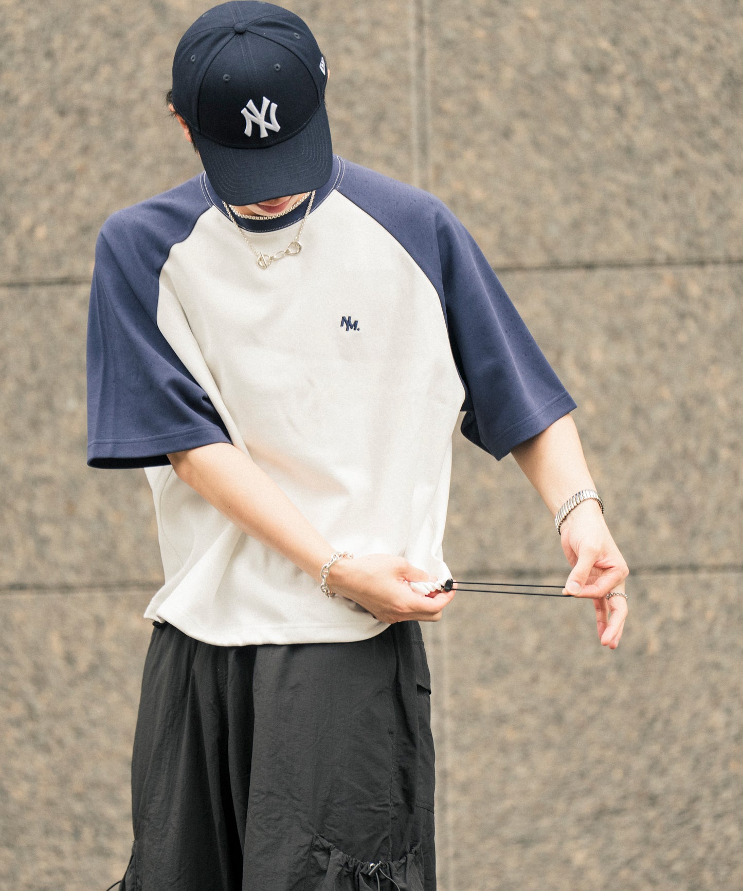 【ホワイト*ネイビー】 WIDE RAGLAN DRAWSTRING T-SHIRT / ワイドラグランドロストTシャツ