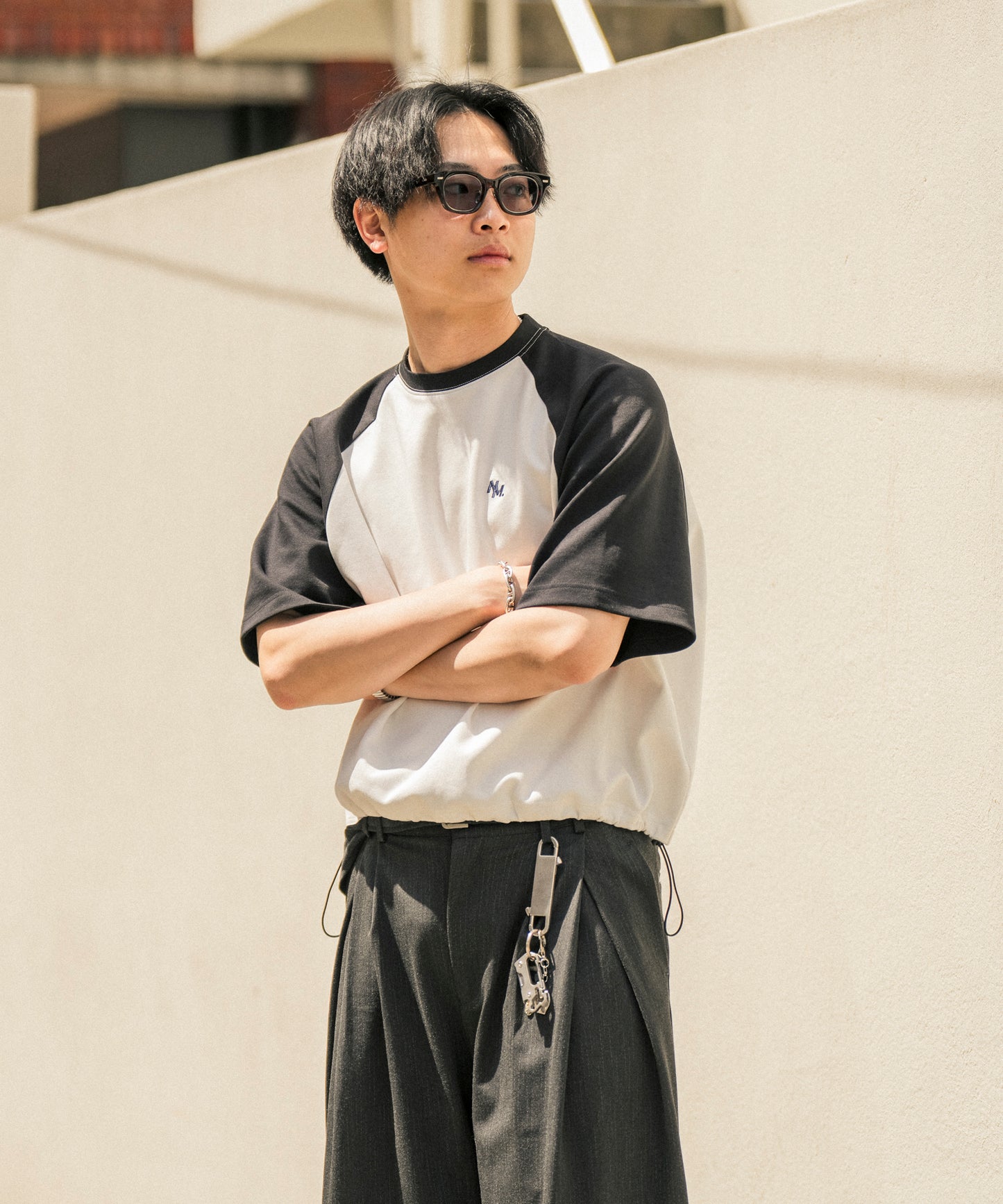 【ホワイト*ブラック】WIDE RAGLAN DRAWSTRING T-SHIRT / ワイドラグランドロストTシャツ