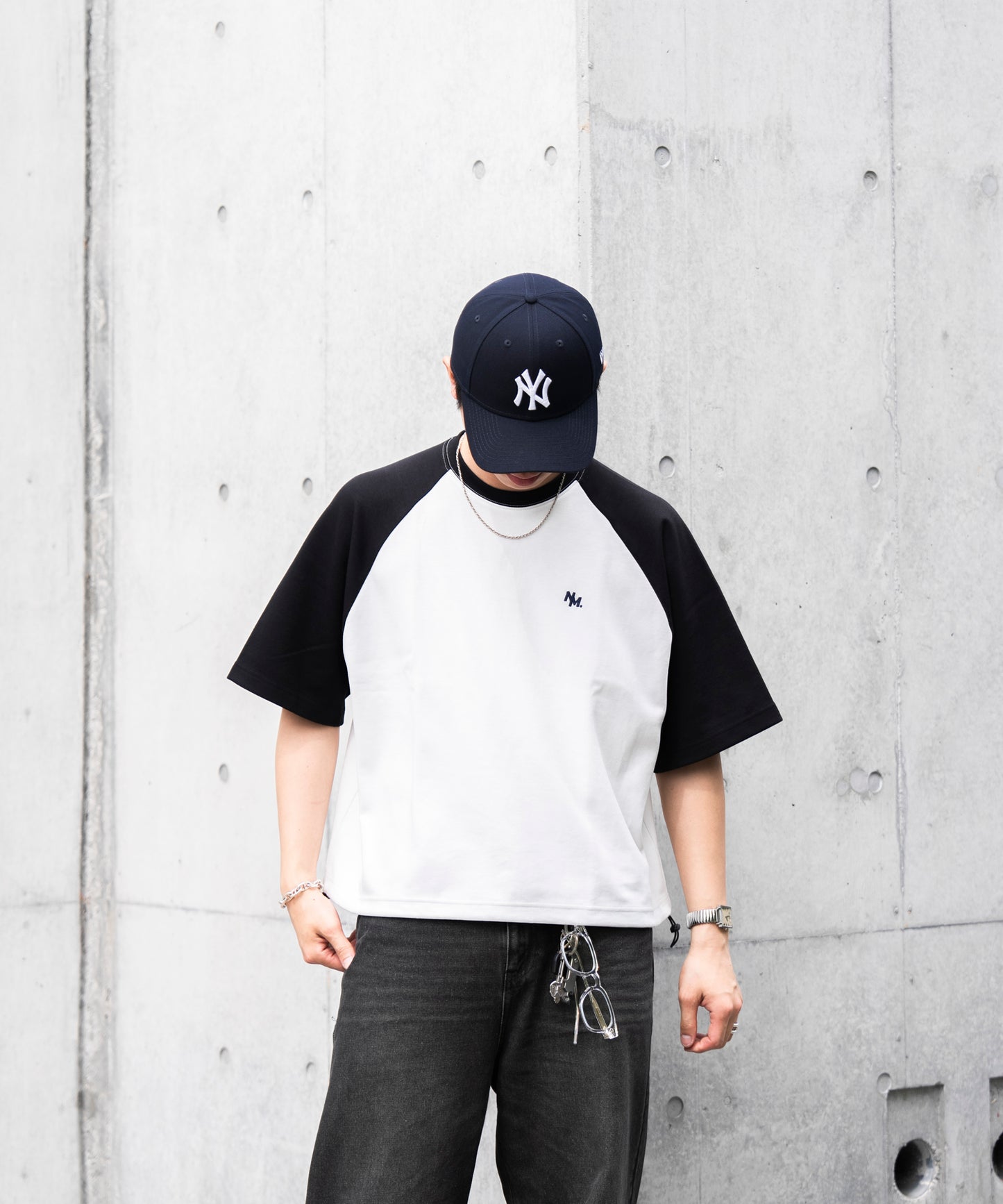 【ホワイト*ブラック】WIDE RAGLAN DRAWSTRING T-SHIRT / ワイドラグランドロストTシャツ