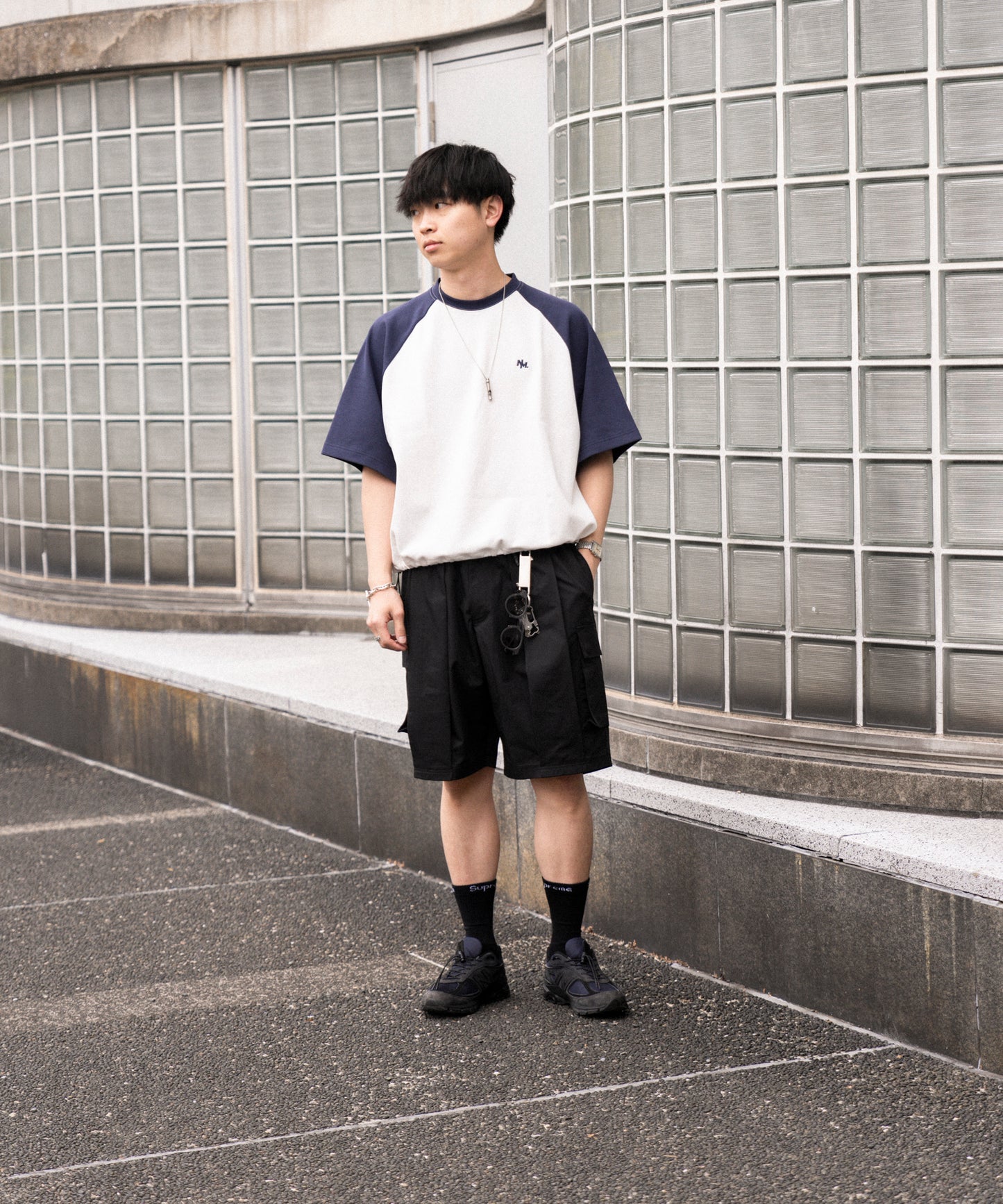 【ホワイト*ブラック】WIDE RAGLAN DRAWSTRING T-SHIRT / ワイドラグランドロストTシャツ