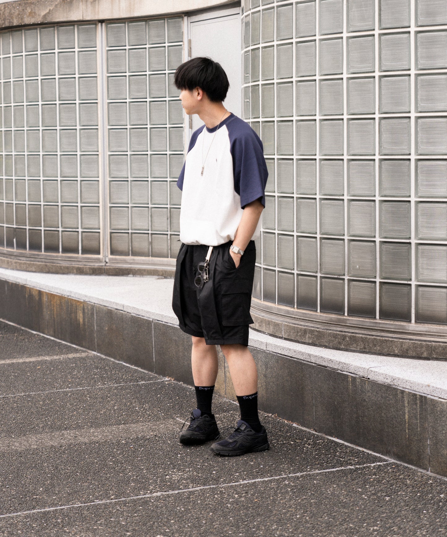 【ホワイト*ブラック】WIDE RAGLAN DRAWSTRING T-SHIRT / ワイドラグランドロストTシャツ