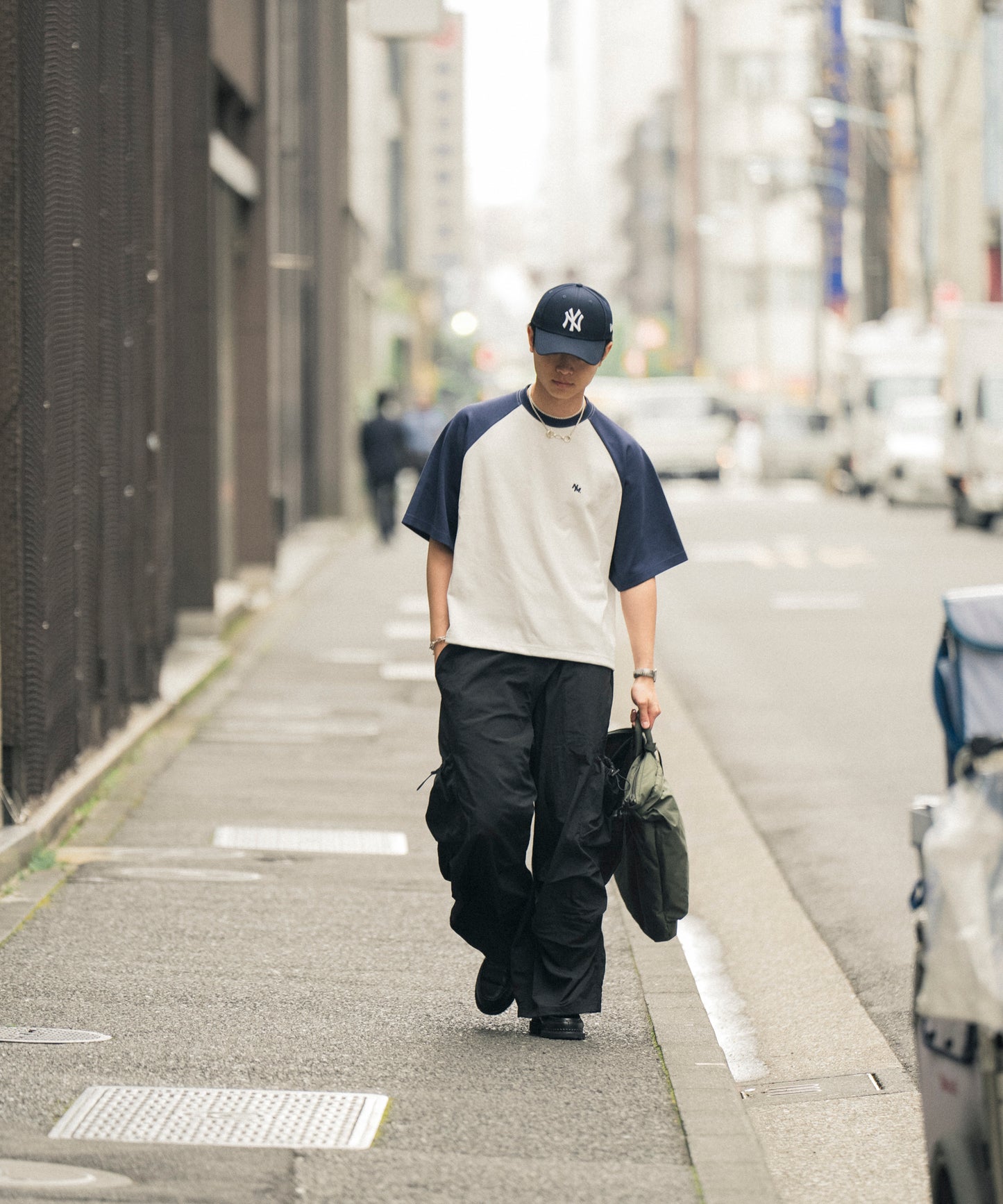 【ホワイト*ネイビー】 WIDE RAGLAN DRAWSTRING T-SHIRT / ワイドラグランドロストTシャツ