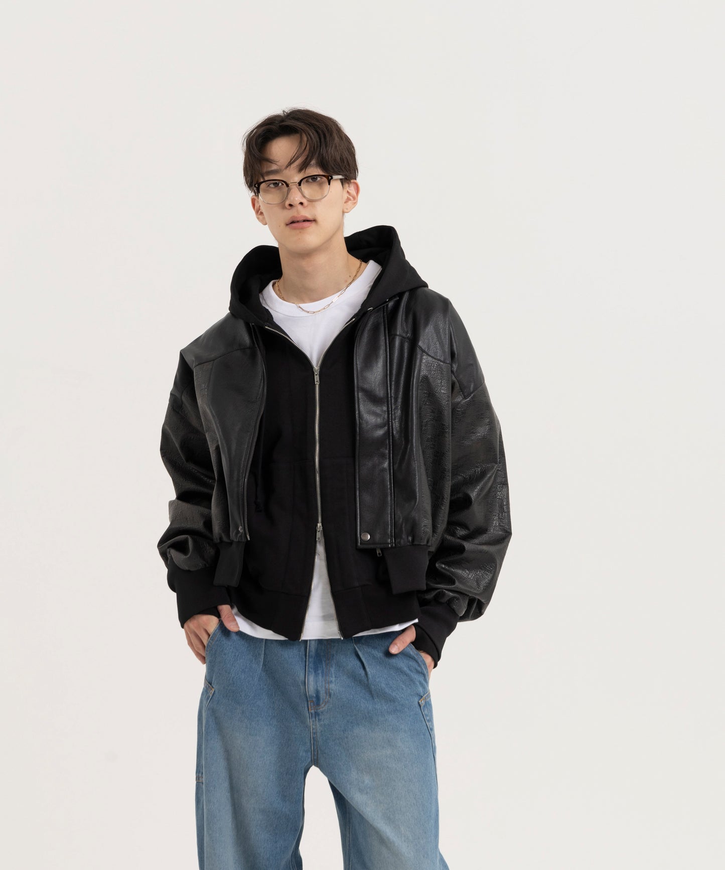 オーバーサイズ切り替えフェイクレザーMA-1ジャケット