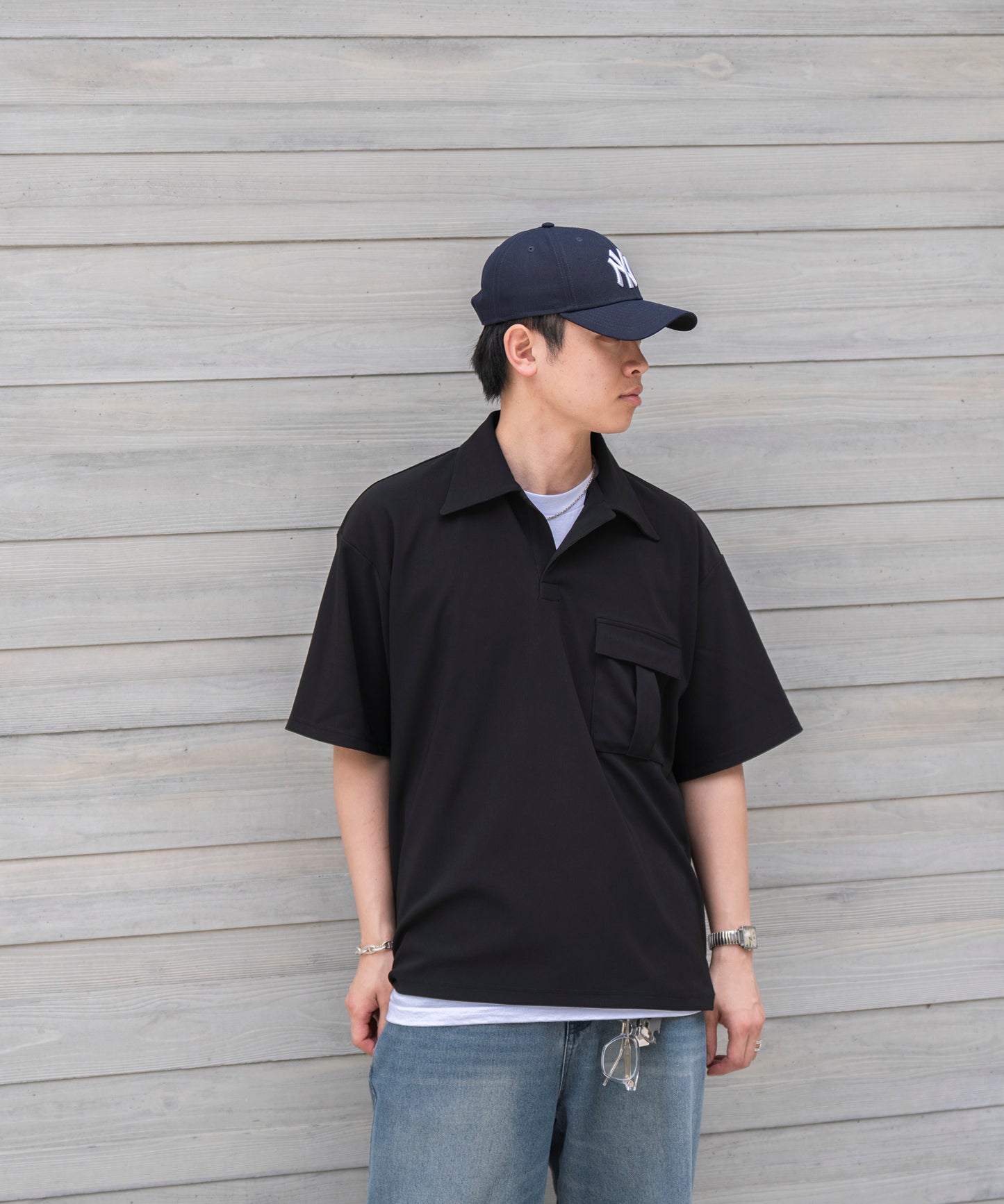 【ブラック】PIQUE SKIPPER POLO SHIRT / ピケスキッパーポロシャツ